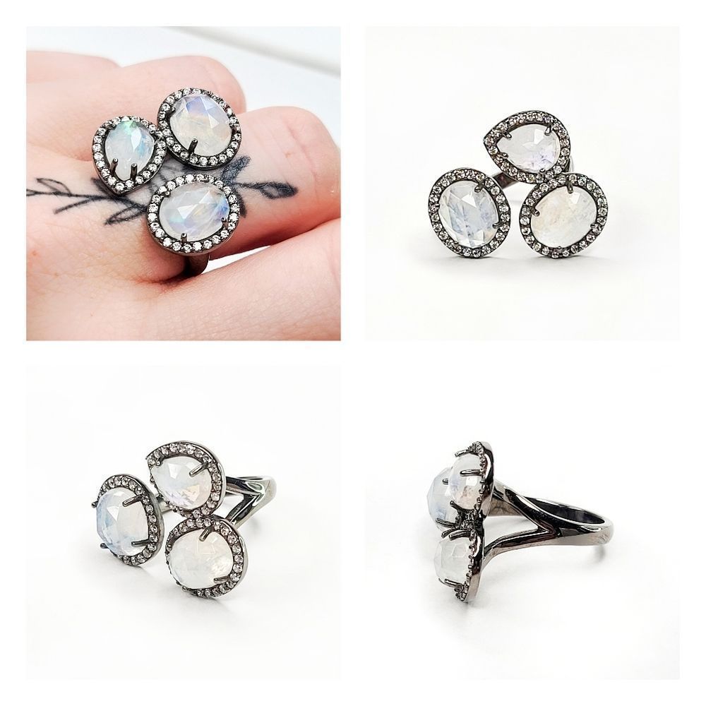 Triple Moonstone with Simulated Diamond Pave Bezel Adjustable Ring | 7½-11